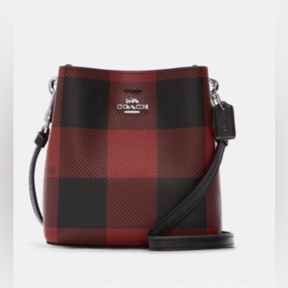 NWOT Coach Mini Town Crossbody Bucket Bag With Buffalo Plaid Print- Red/Black